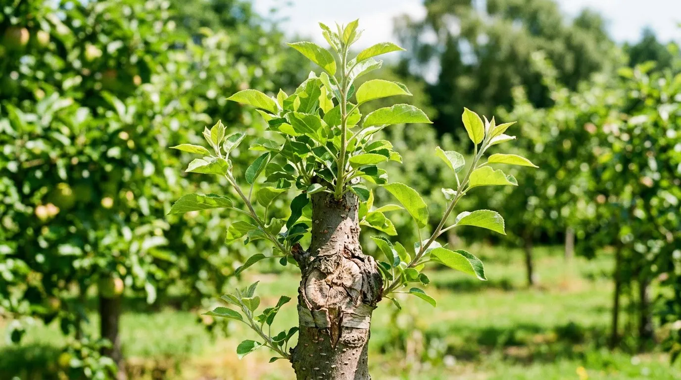 Successful graft union on a young apple tree showing healthy new growth emerging from the scion in spring