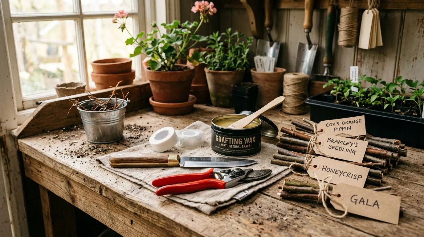Grafting tools laid out on a wooden bench including grafting knife, budding knife, tape, wax, and secateurs