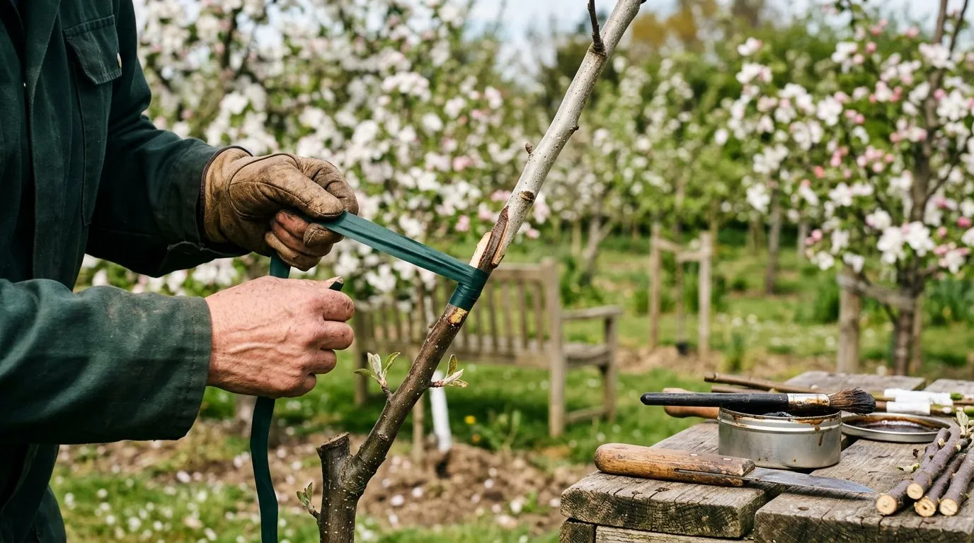 Whip-and-tongue graft being wrapped on a young apple tree in a UK orchard