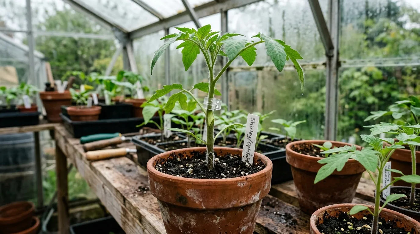 Grafted tomato plant showing the graft union above soil level