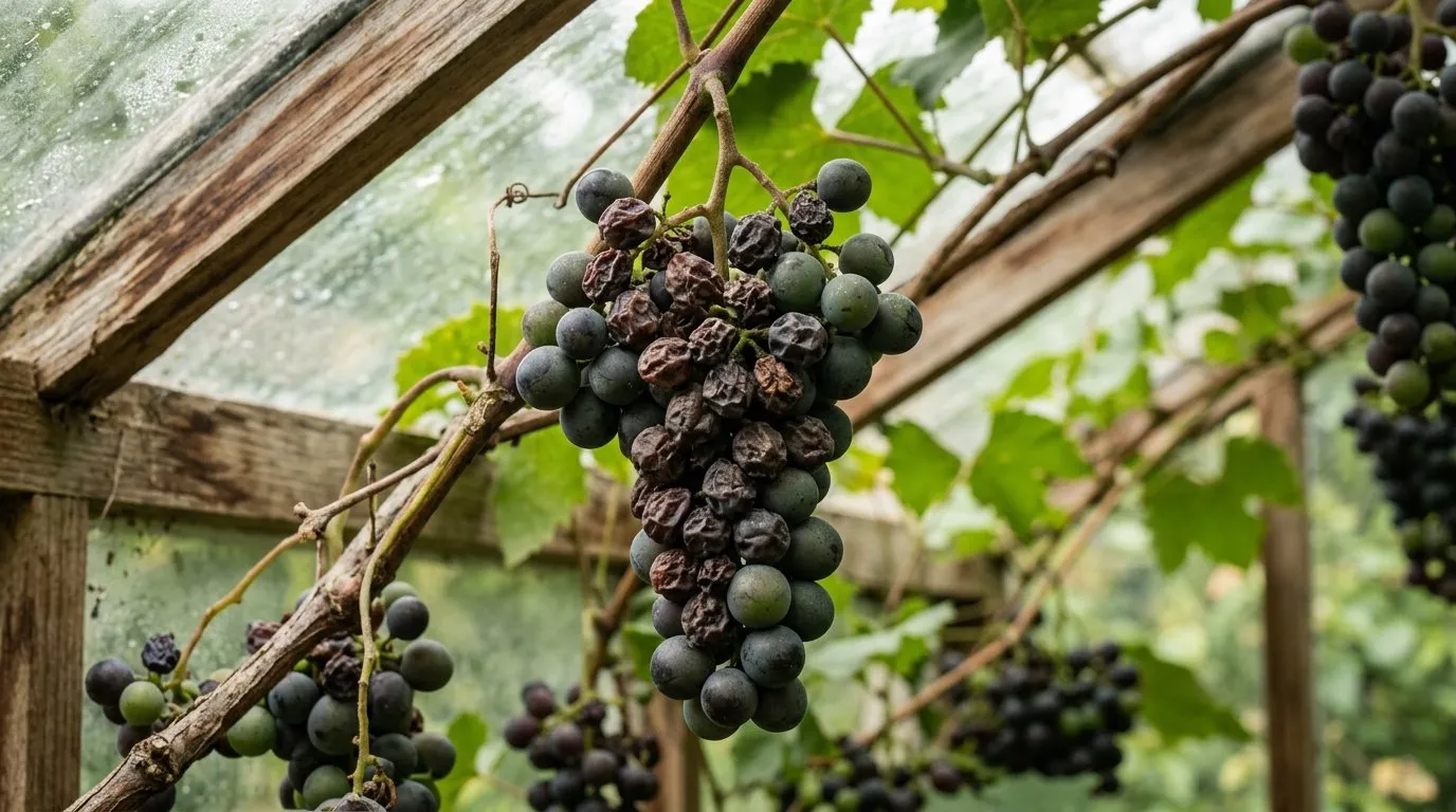 A greenhouse grape bunch with several shrivelled raisin-like berries among plump green ones, showing shanking damage