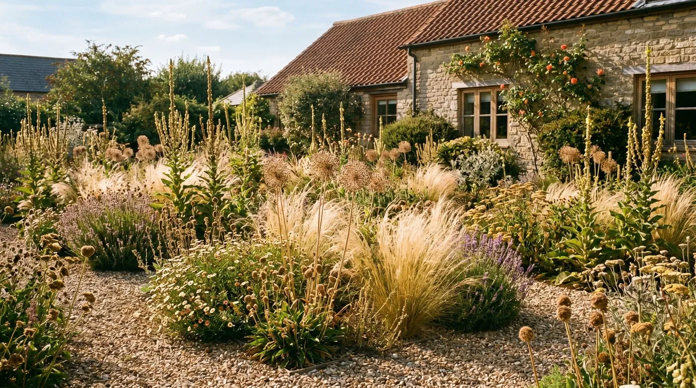 Established gravel garden with no irrigation in a UK setting