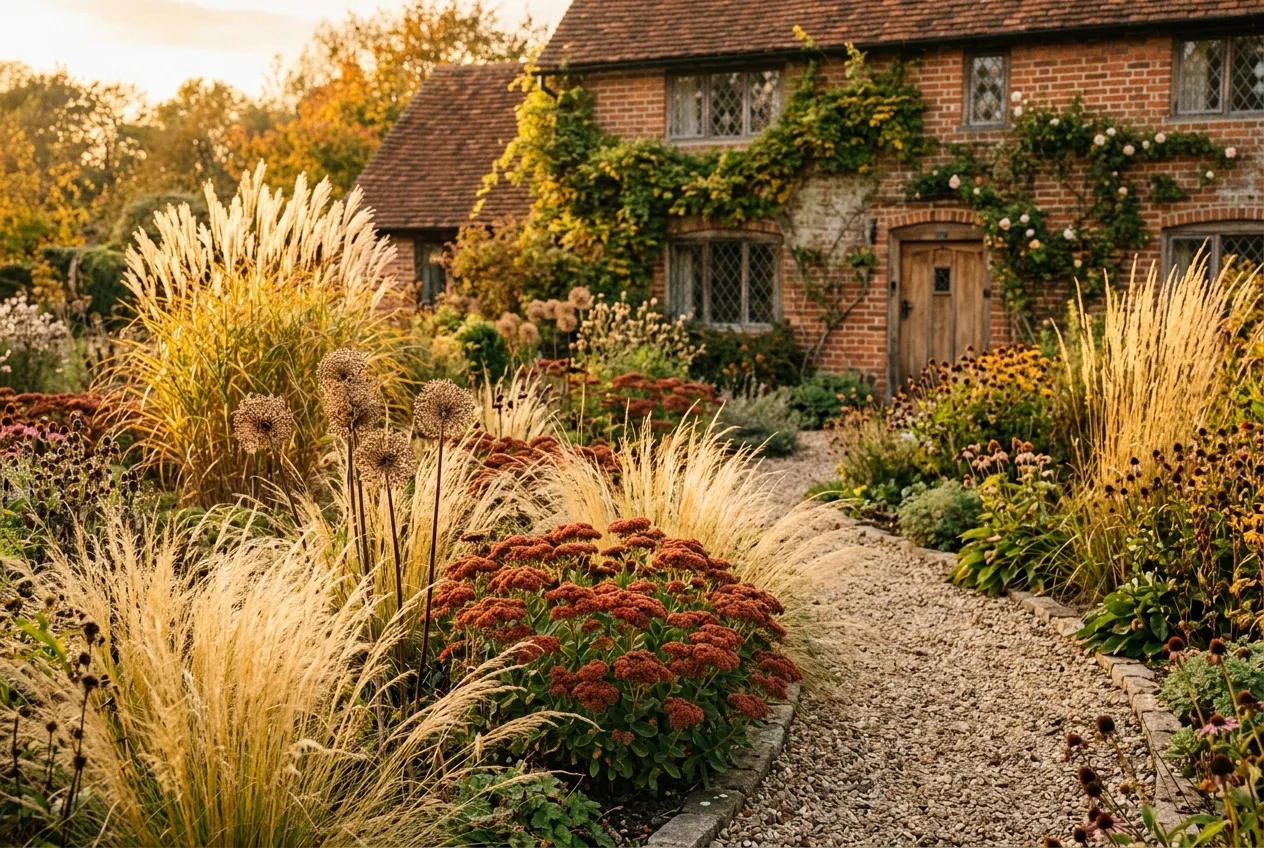 An established gravel garden in autumn with golden ornamental grasses, rust-coloured sedum, and allium seed heads beside an English cottage