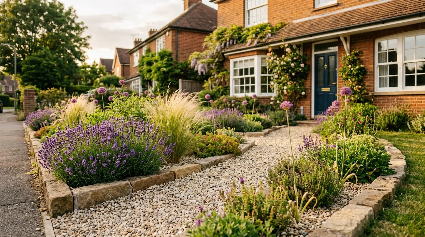 Gravel garden UK front garden with lavender, alliums, and ornamental grasses growing through pale pea gravel with stone edging