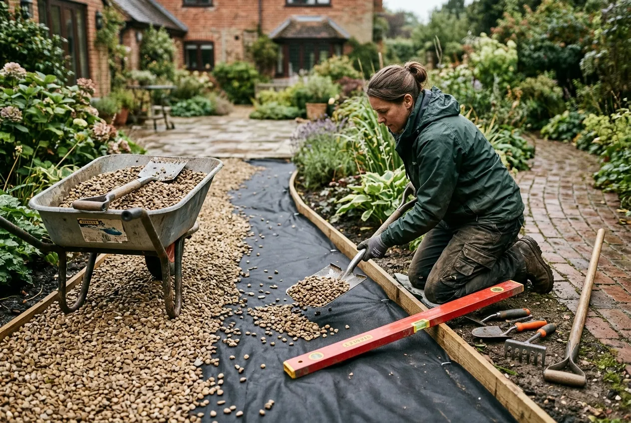 A person laying pea gravel over weed membrane in a UK gravel garden with a wheelbarrow, spirit level, and garden tools