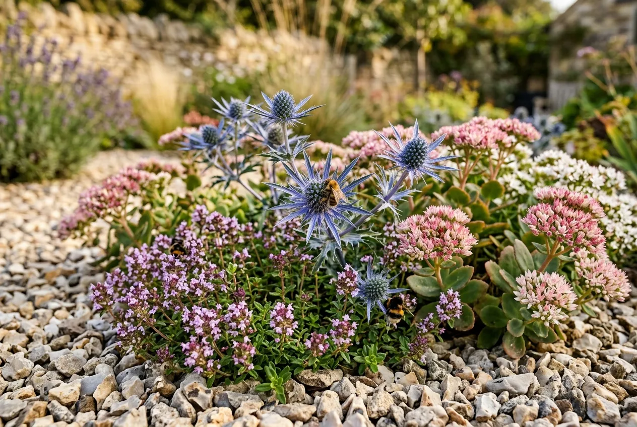 Drought-tolerant gravel garden plants including eryngium, thyme, and sedum growing through pale flint gravel