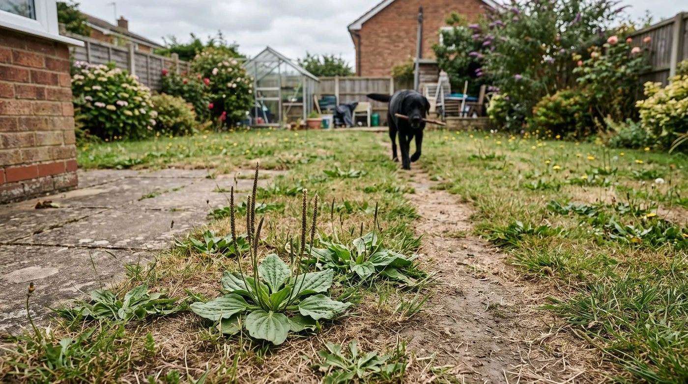 Worn compacted lawn strip with greater plantain rosettes and a dog following the route
