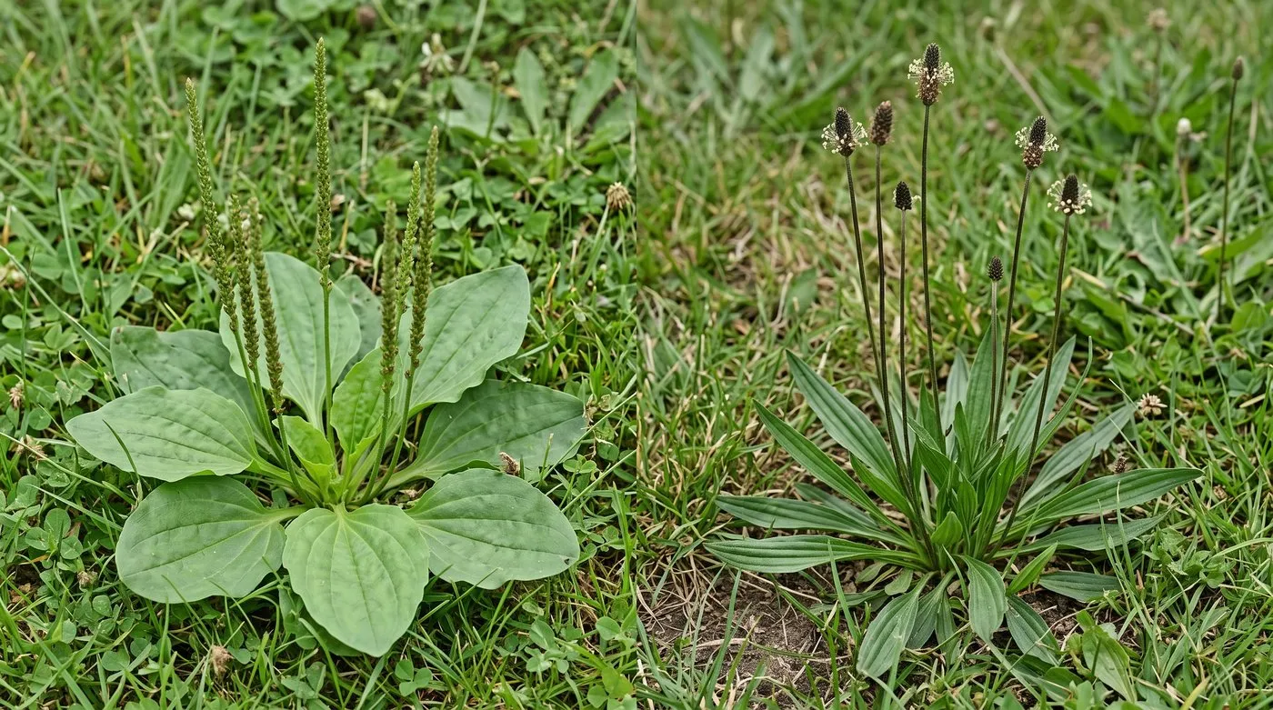 Greater plantain and ribwort plantain growing side by side for leaf and flower comparison