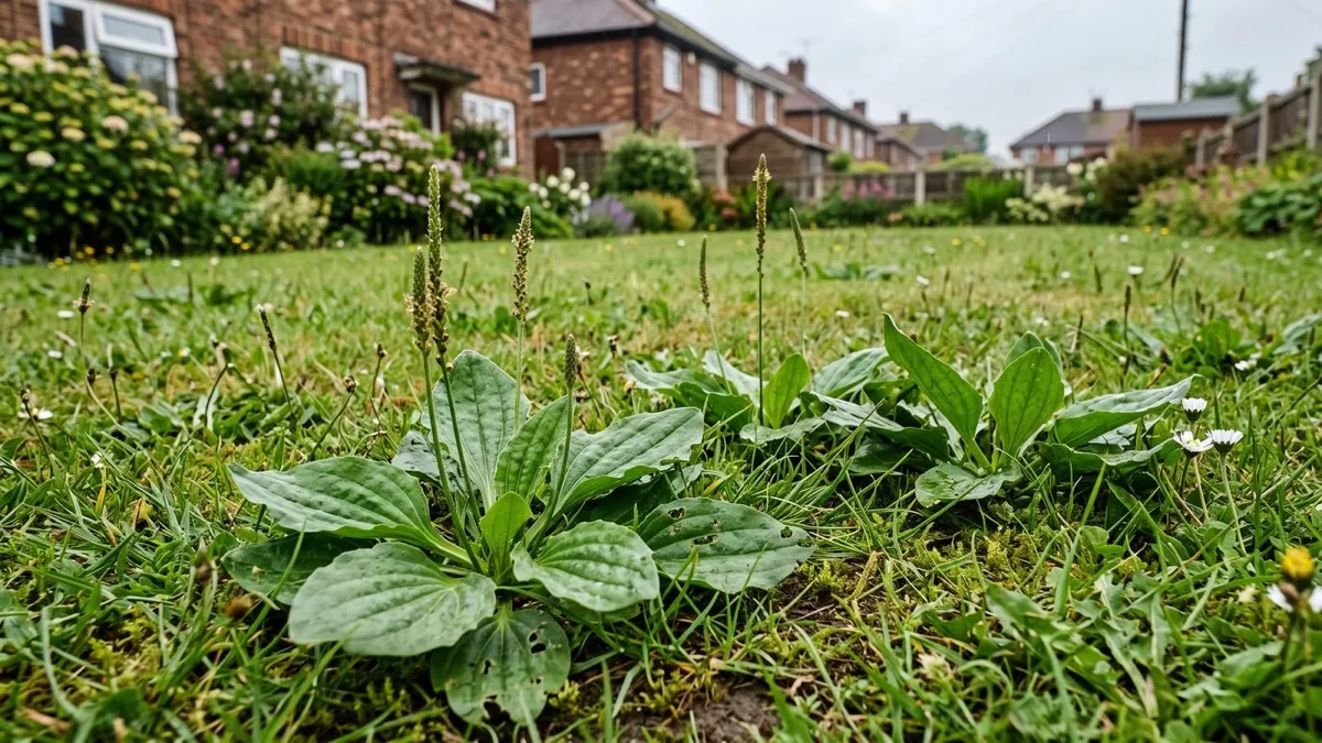 Greater plantain with broad ribbed leaves and narrow flower spikes in a worn UK lawn