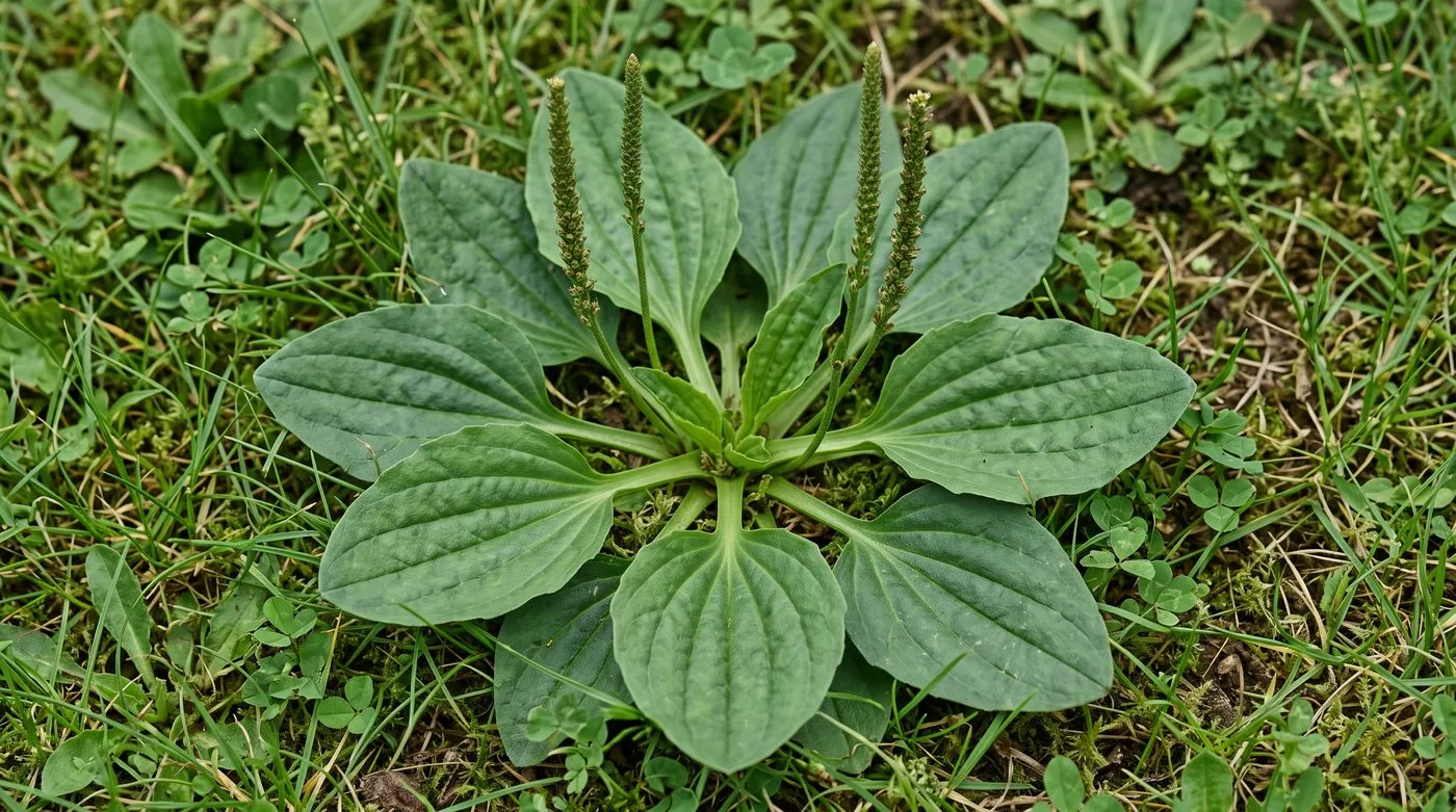 Greater plantain rosette with broad oval leaves, strong ribs and narrow flower spikes