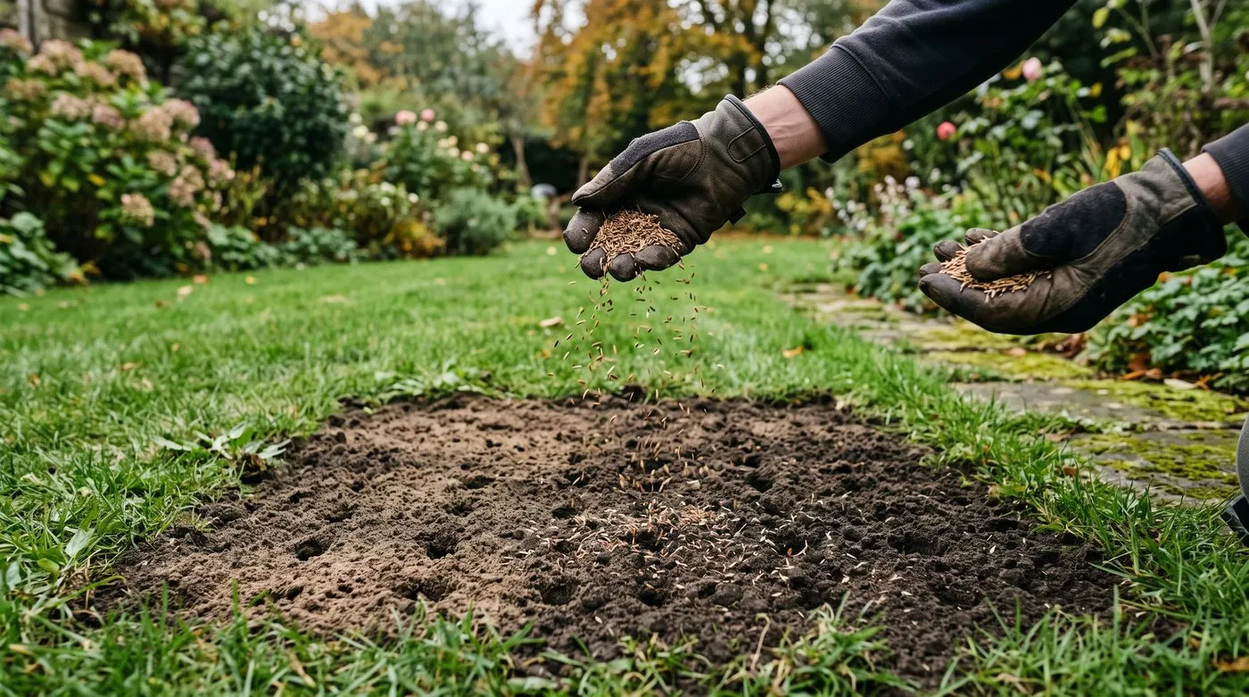 Gloved hands overseeding a repaired lawn patch after plantain removal and core aeration