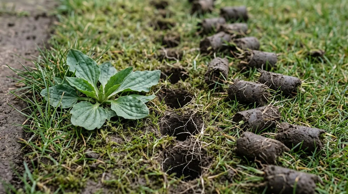 Hollow-tine soil cores beside aeration holes and a greater plantain rosette at the compacted edge
