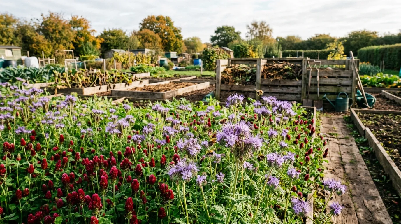Green manure crop of crimson clover growing on a UK allotment bed in late summer