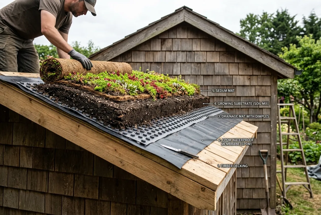 Green roof layers showing membrane, drainage, substrate, and sedum mat being installed on a shed roof
