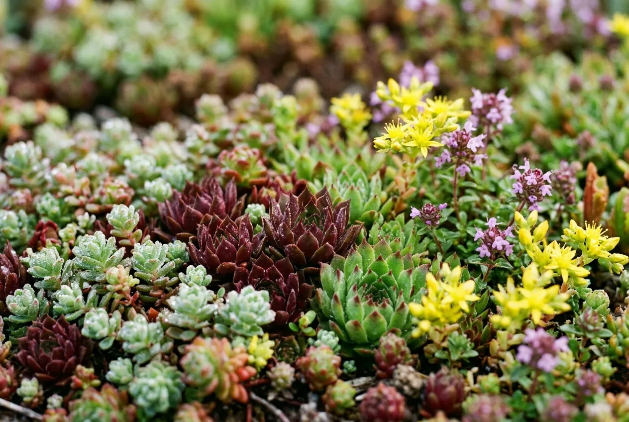 Close-up of sedum plants and wildflowers growing on a green roof with varied textures and colours