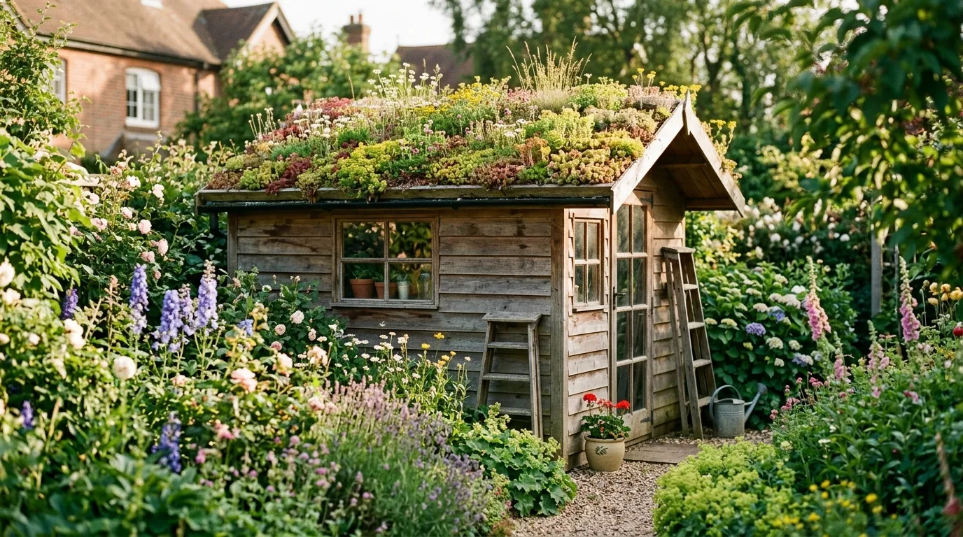 Living green roof with sedum plants growing on a garden shed in a UK suburban garden