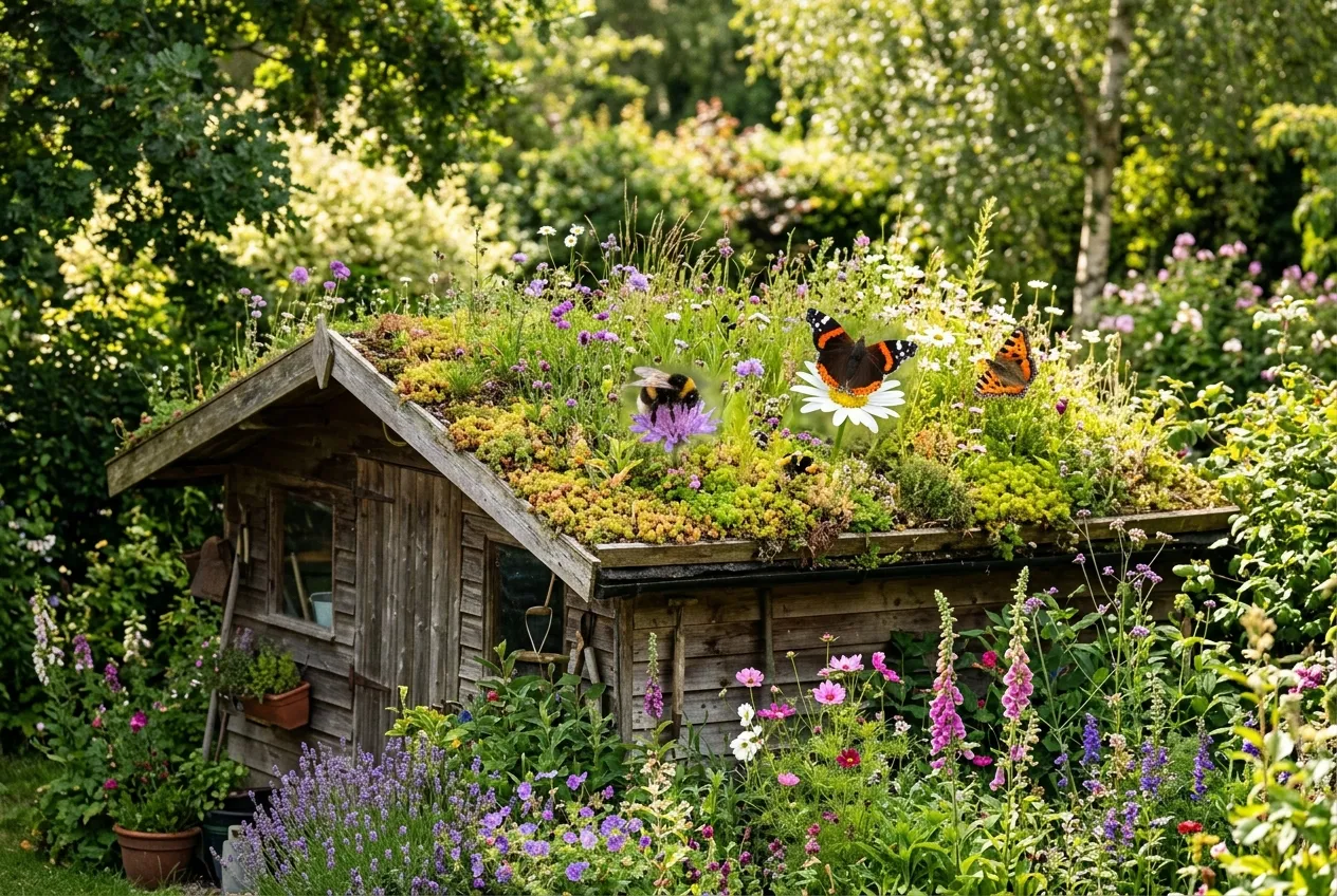 Green roof on a garden shed attracting bees and butterflies in a wildlife-friendly UK garden setting