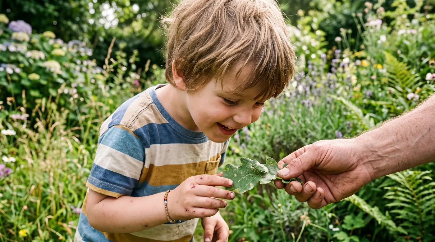 A young child looking closely at a green shield bug on a leaf held by an adult in a UK garden