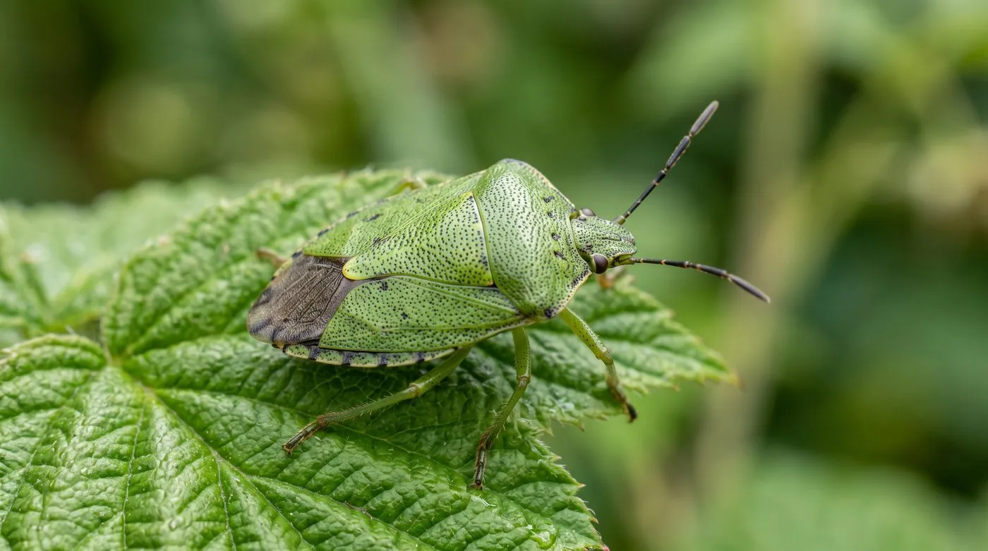 Bright green shield bug Palomena prasina resting on a green leaf in a UK garden close up