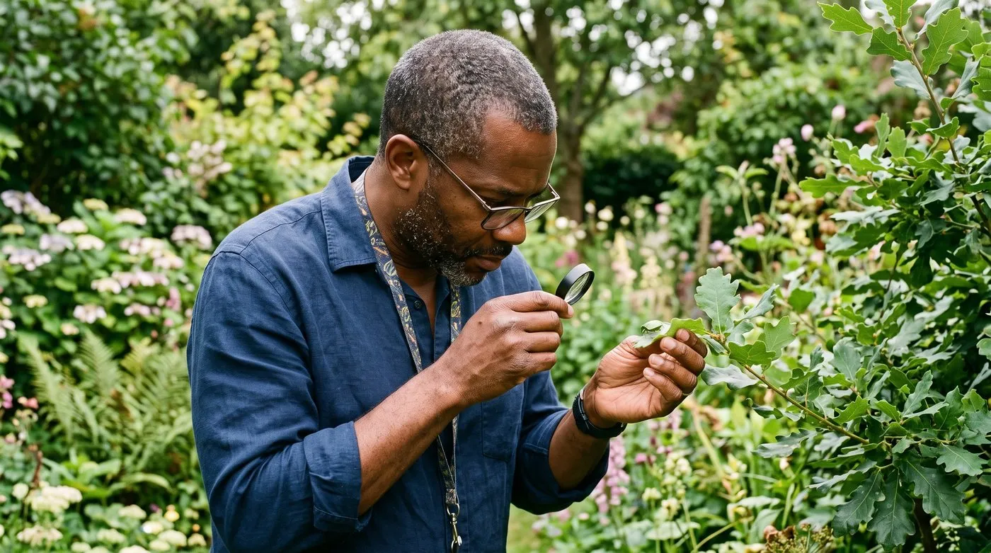 A person carefully holding a leaf to look at a green shield bug in a summer UK garden