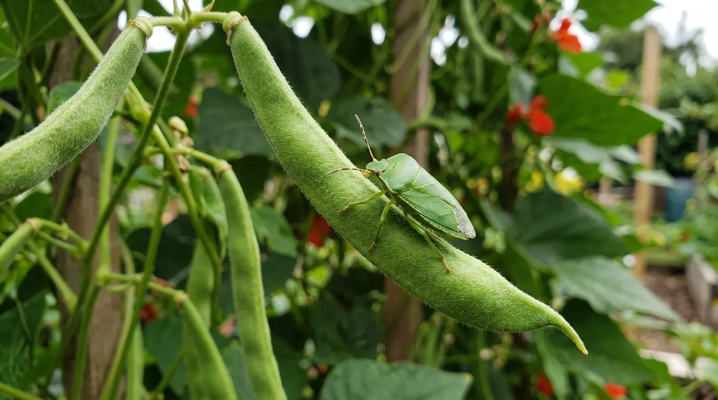 A green shield bug resting on a developing runner bean pod in a UK vegetable garden
