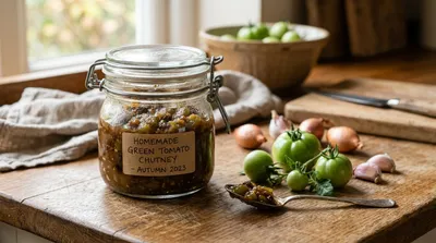 Green tomato chutney in glass Kilner jars next to fresh unripe garden tomatoes onions and apples in a UK autumn kitchen