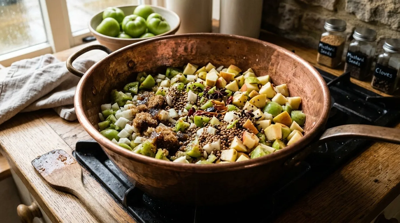 Chopped UK green tomatoes onions and apples in a preserving pan with vinegar and pickling spices