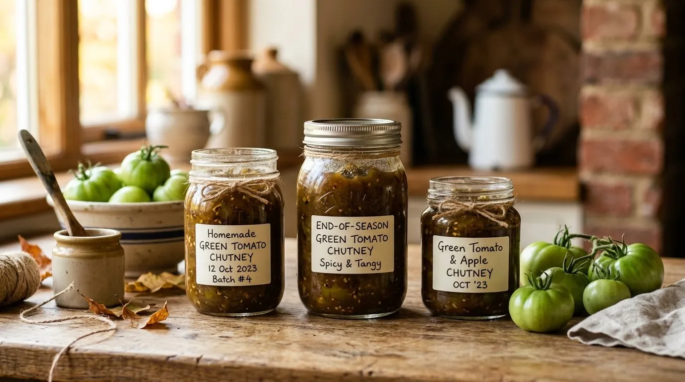UK green tomato chutney in glass jars with handwritten labels and end-of-season tomatoes nearby