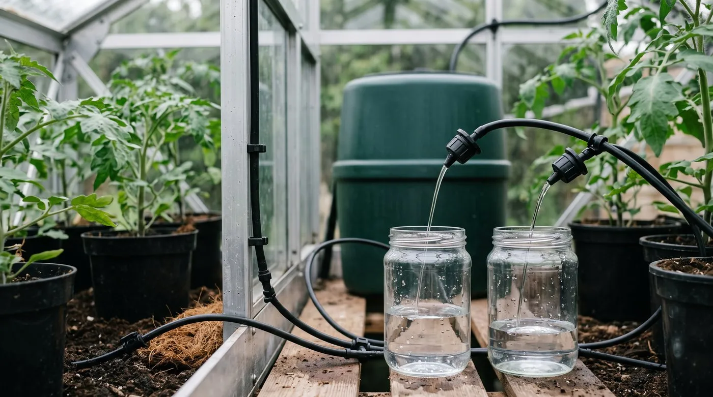 Two greenhouse drip emitters running into separate unmarked jars for a timed flow check