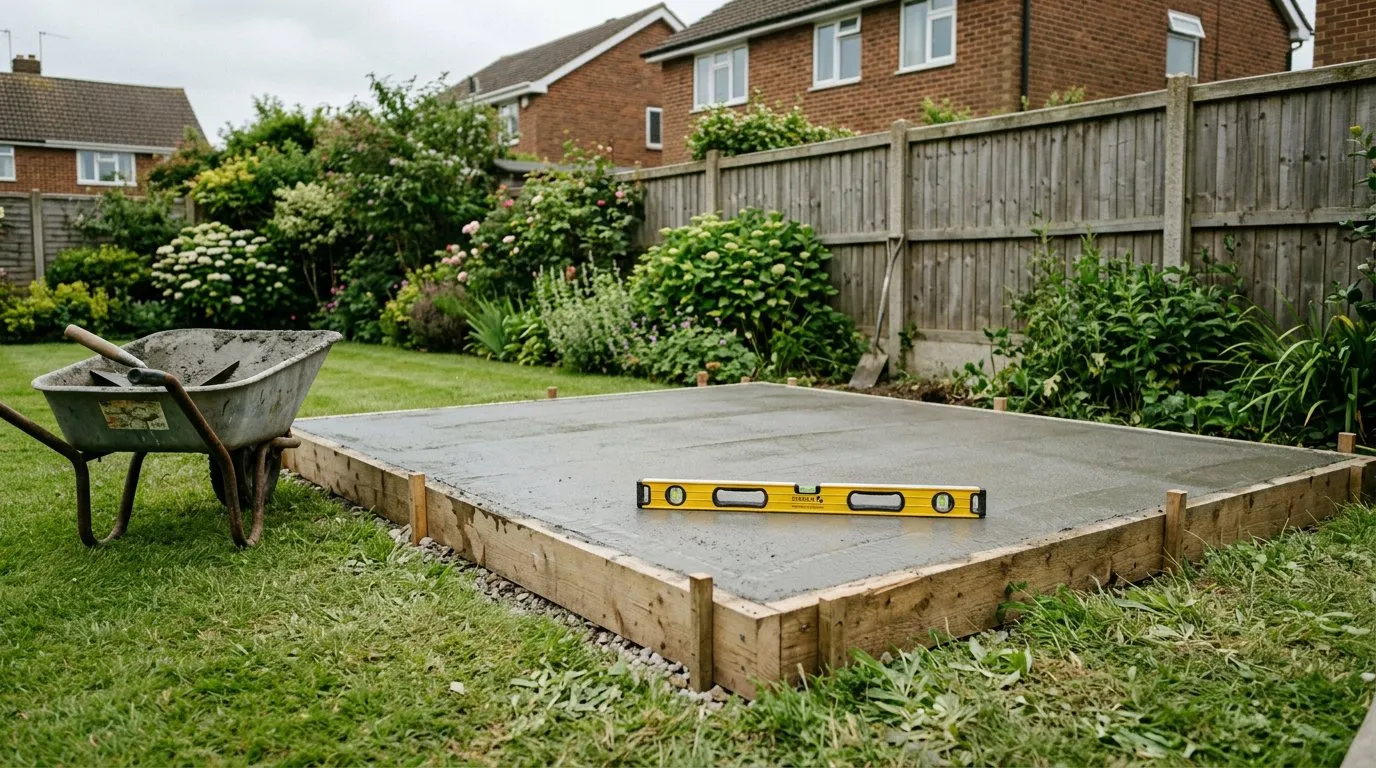 Concrete greenhouse base with timber formwork and spirit level in a UK garden