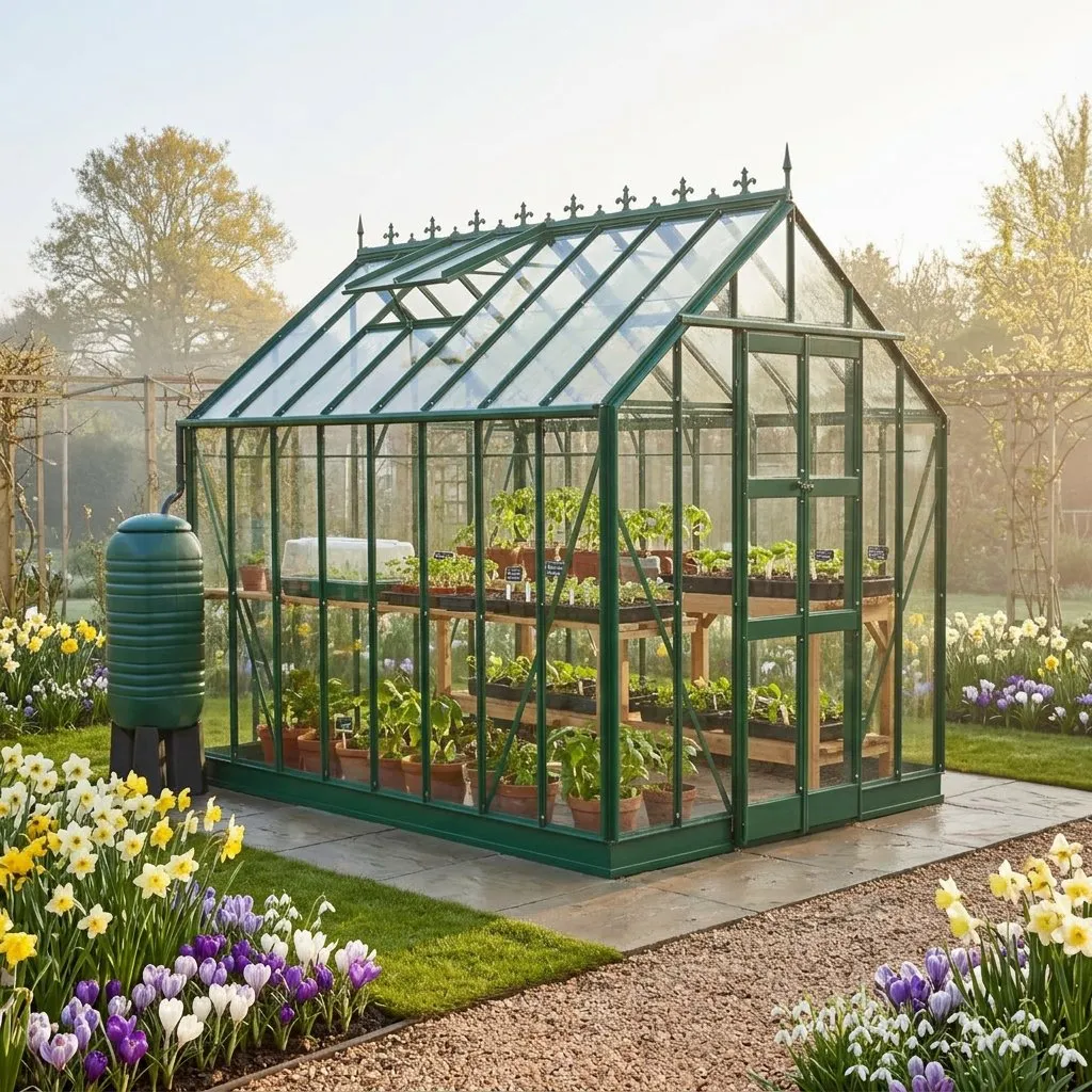 Elite Thyme greenhouse filled with seed trays in a spring garden with daffodils and crocuses