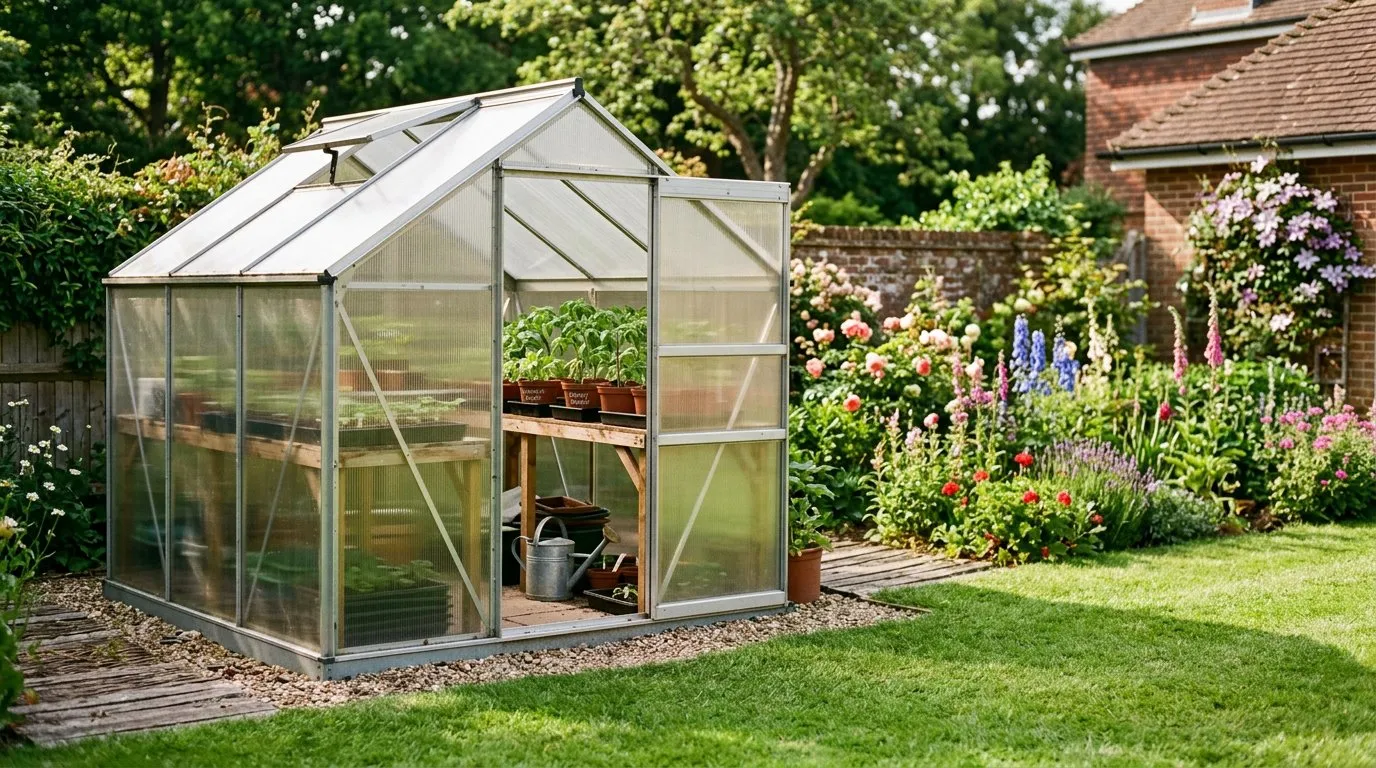 Polycarbonate greenhouse with staging shelves in a sunny UK garden