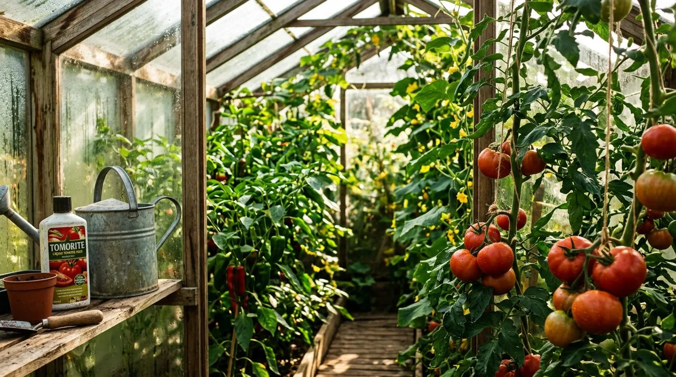 Greenhouse growing calendar midsummer scene with ripe tomatoes and feeding supplies