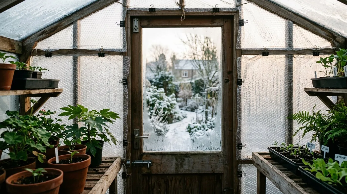 Greenhouse heating insulation with bubble wrap lining the glass panes to reduce heat loss in winter