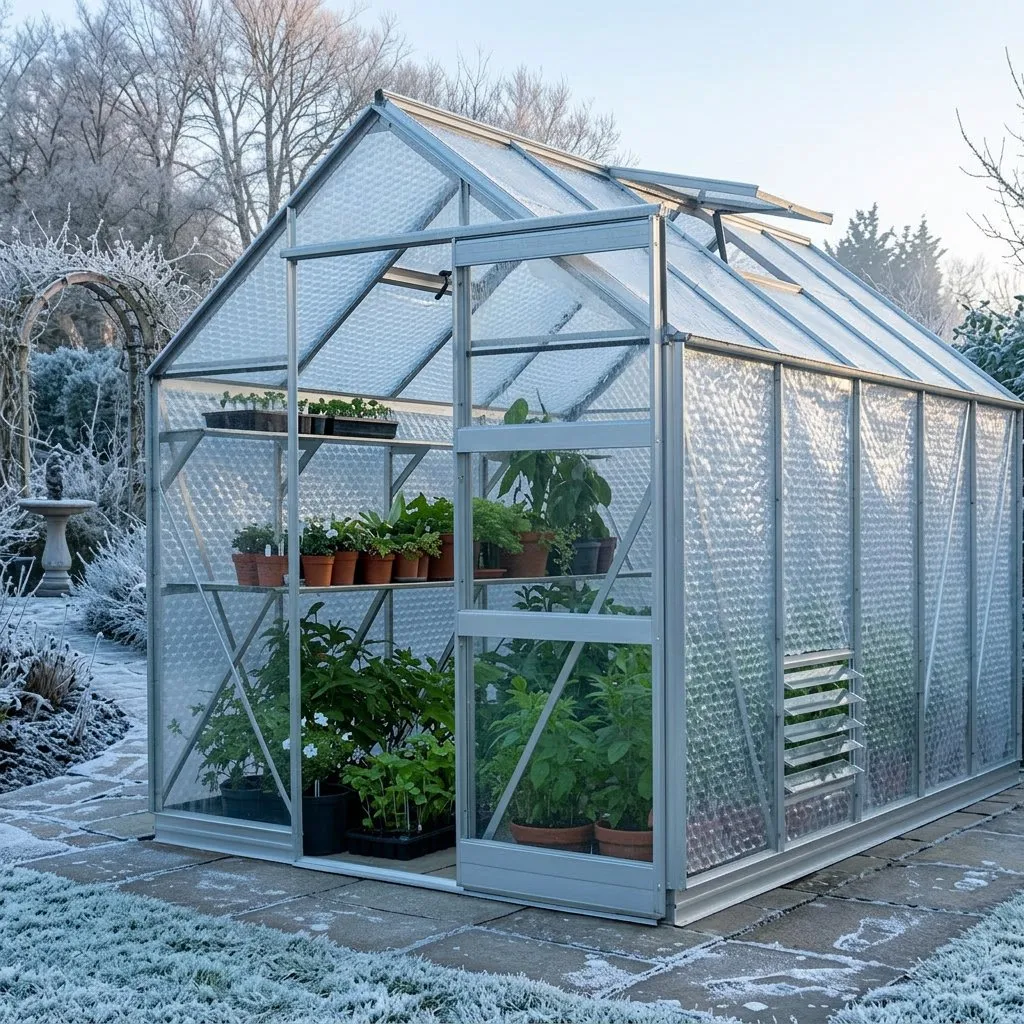 Well-ventilated greenhouse interior with healthy plants and good air circulation