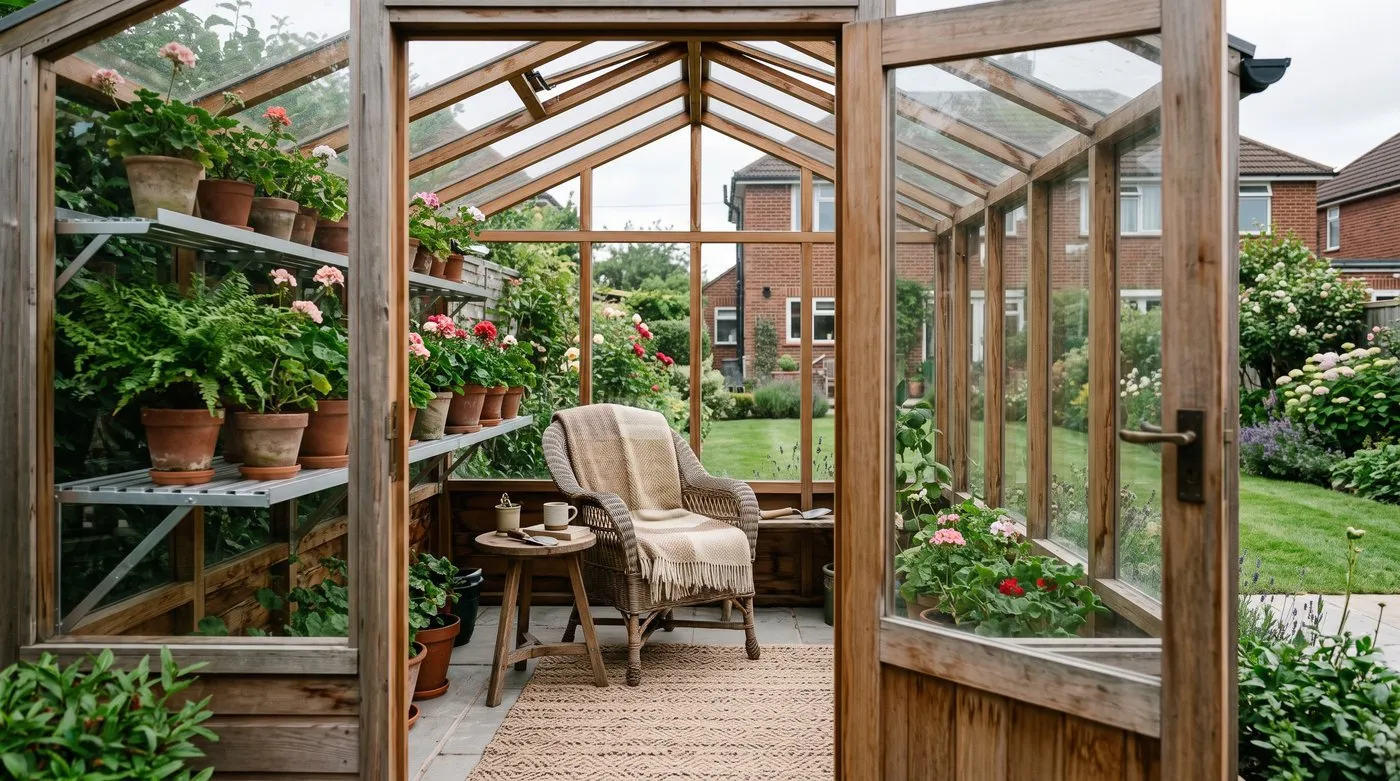 A greenhouse used as a garden seating room in a Kent suburban garden, with a wicker chair, rug and shelved plants under glass