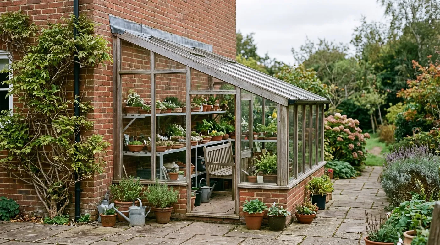 A lean-to greenhouse against a brick house wall in a Kent garden, used as a seating and display space with tiered staging