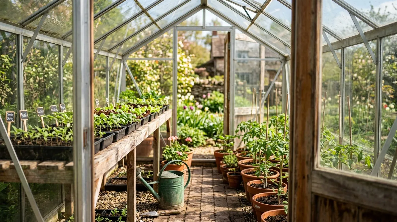 Inside a greenhouse with staging shelves holding seed trays and terracotta pots on the floor