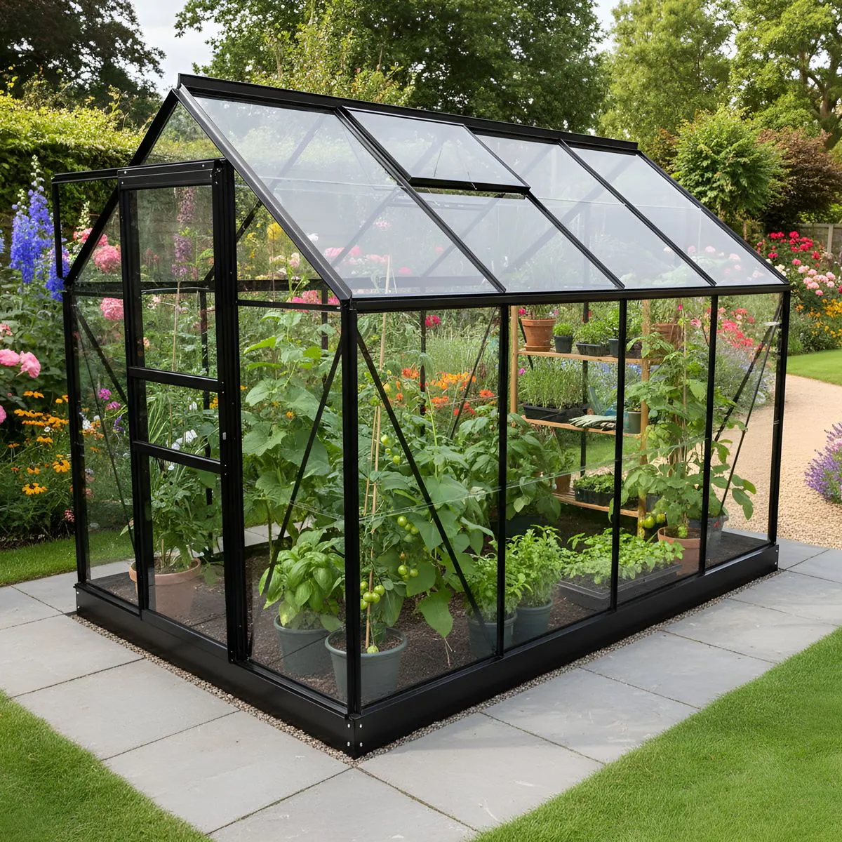 Vitavia Venus 5000 Black greenhouse in a garden ready for the growing season