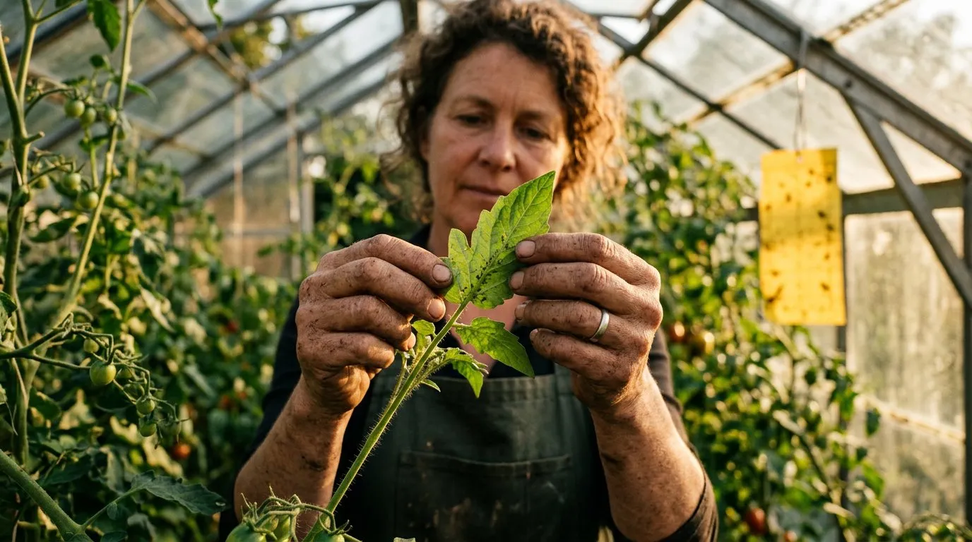 Gardener inspecting greenhouse pest damage on tomato leaf undersides