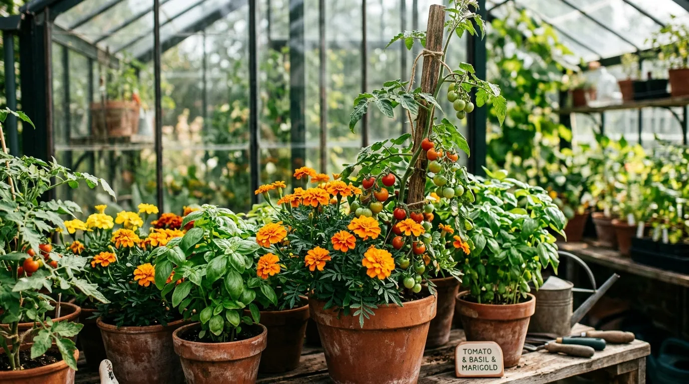 Marigold and basil plants growing in pots interplanted with tomatoes in a UK greenhouse