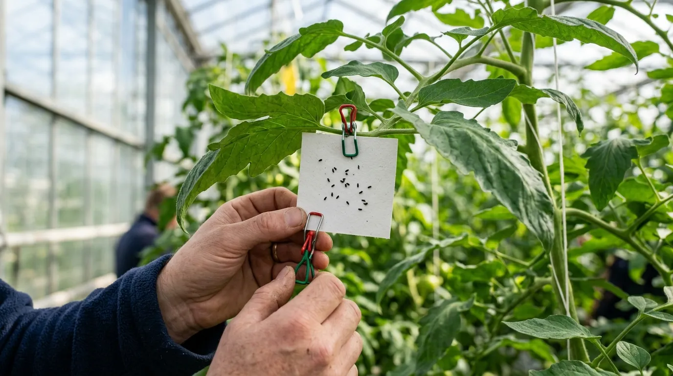Encarsia formosa parasitic wasp pupae card clipped to a tomato leaf in a UK greenhouse
