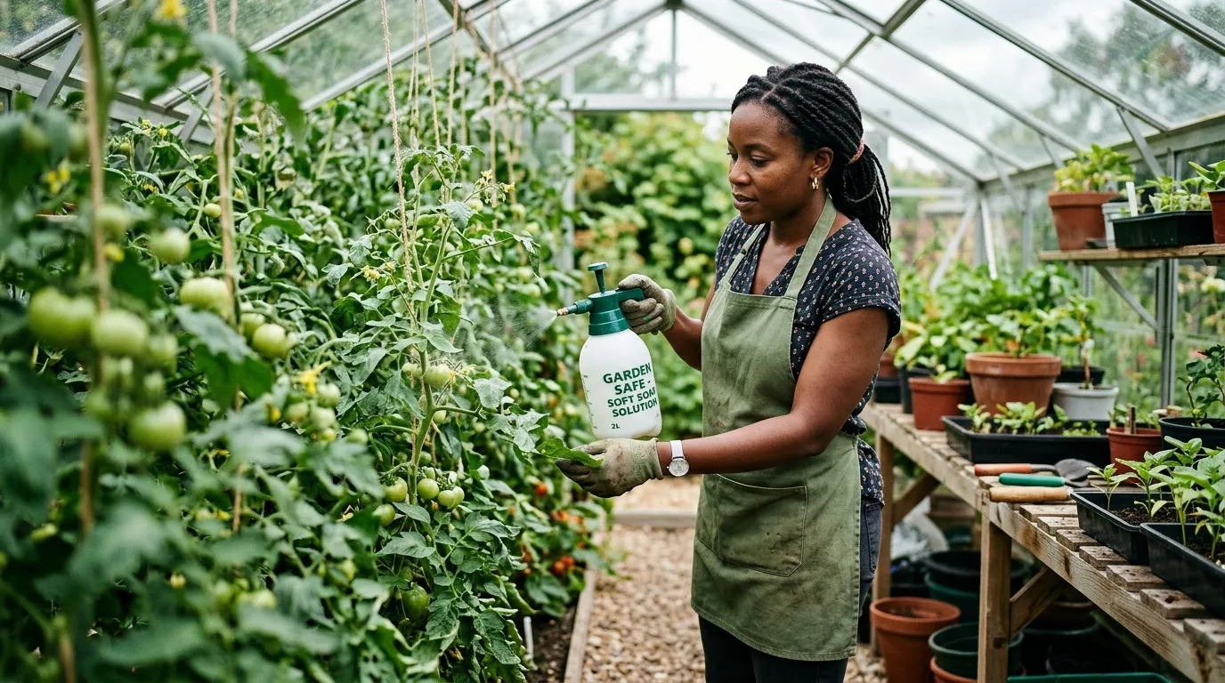A gardener applying soft soap spray with a hand pump sprayer to tomato plants in a UK greenhouse