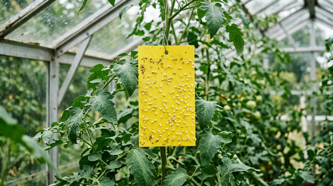 Yellow sticky trap card covered in small whitefly hung among tomato leaves in a UK greenhouse