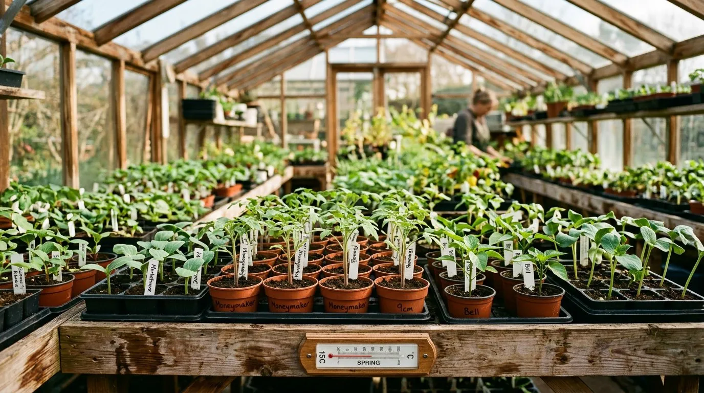 Spring greenhouse plants in pots ready for planting out in April