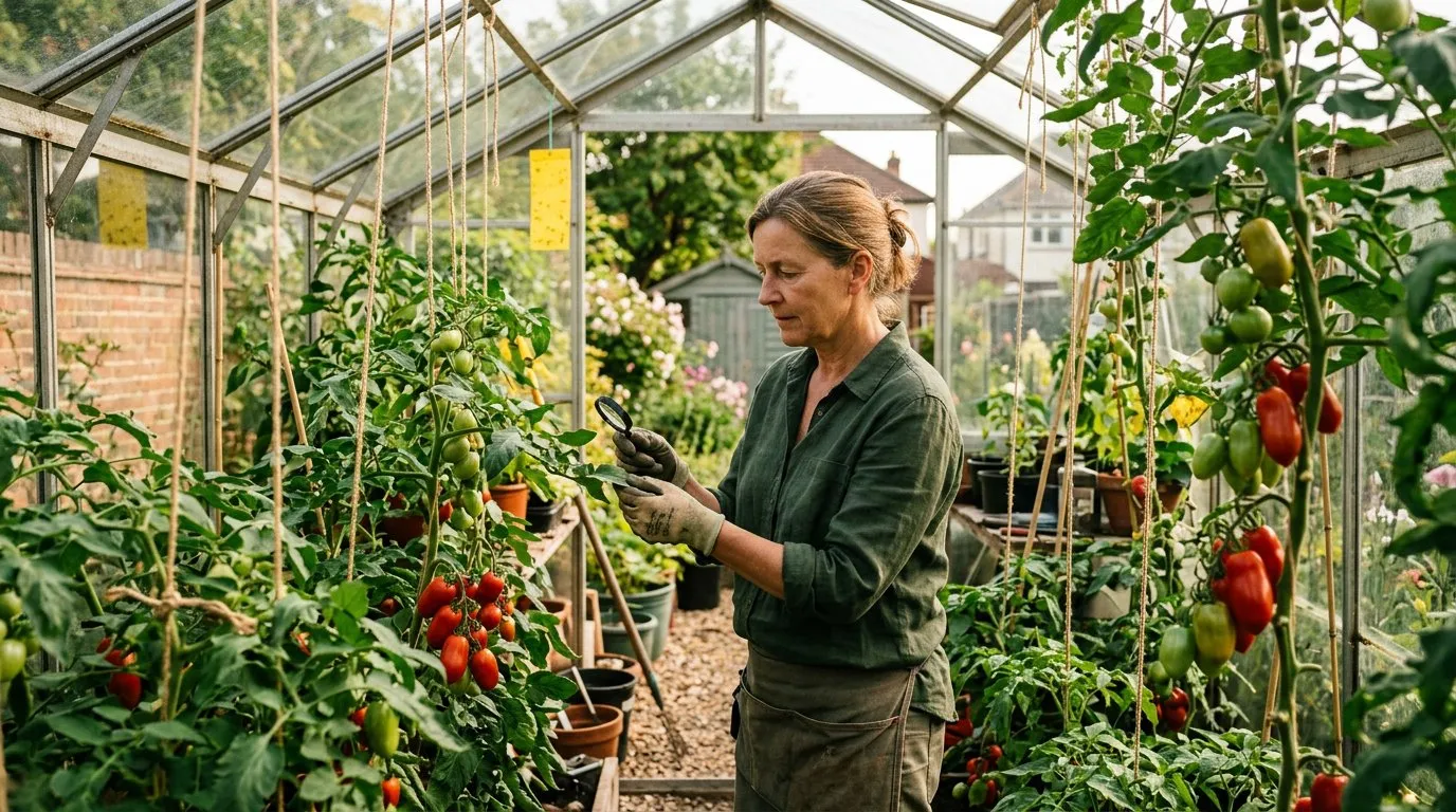 Greenhouse tomato plants being checked for pests with yellow sticky traps
