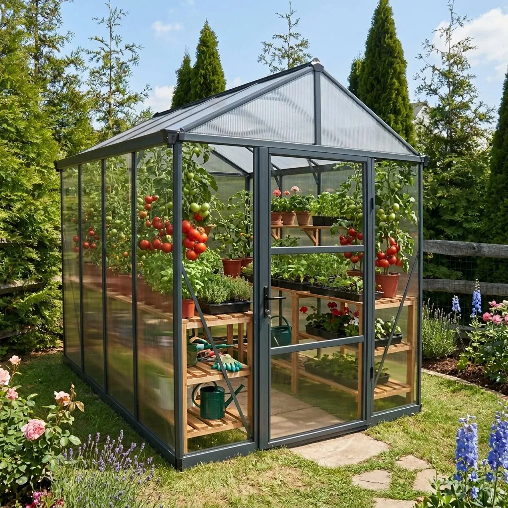 Palram Glory greenhouse full of ripe tomato plants in a sunny UK garden