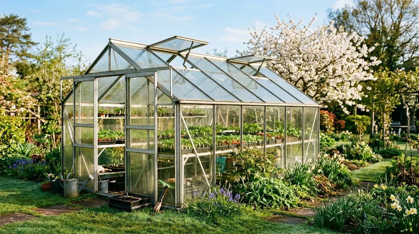 Greenhouse ventilation in spring with roof vents open on a bright morning in a UK garden