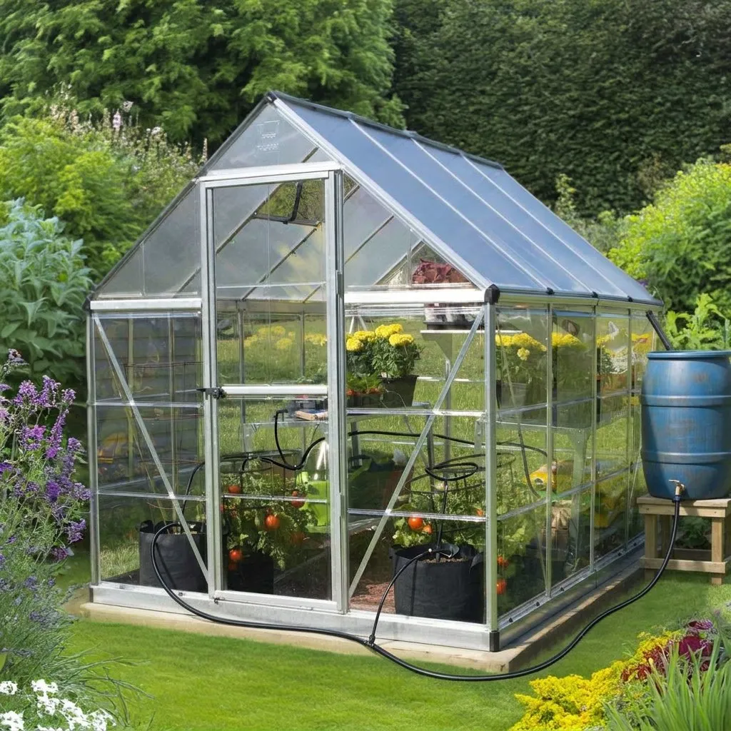 Palram Hybrid greenhouse with drip irrigation lines and water barrel for holiday watering