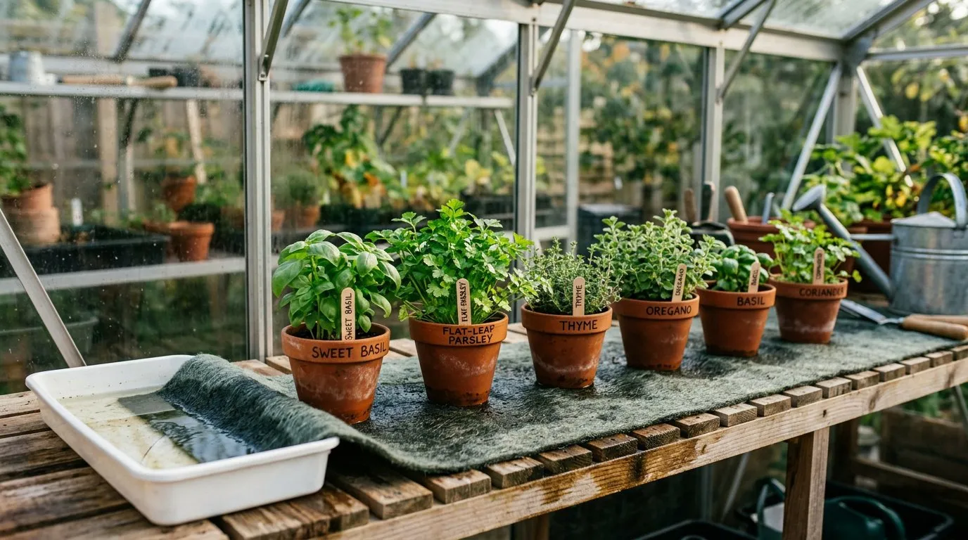Capillary matting on a greenhouse bench with herb pots drawing water from a reservoir tray